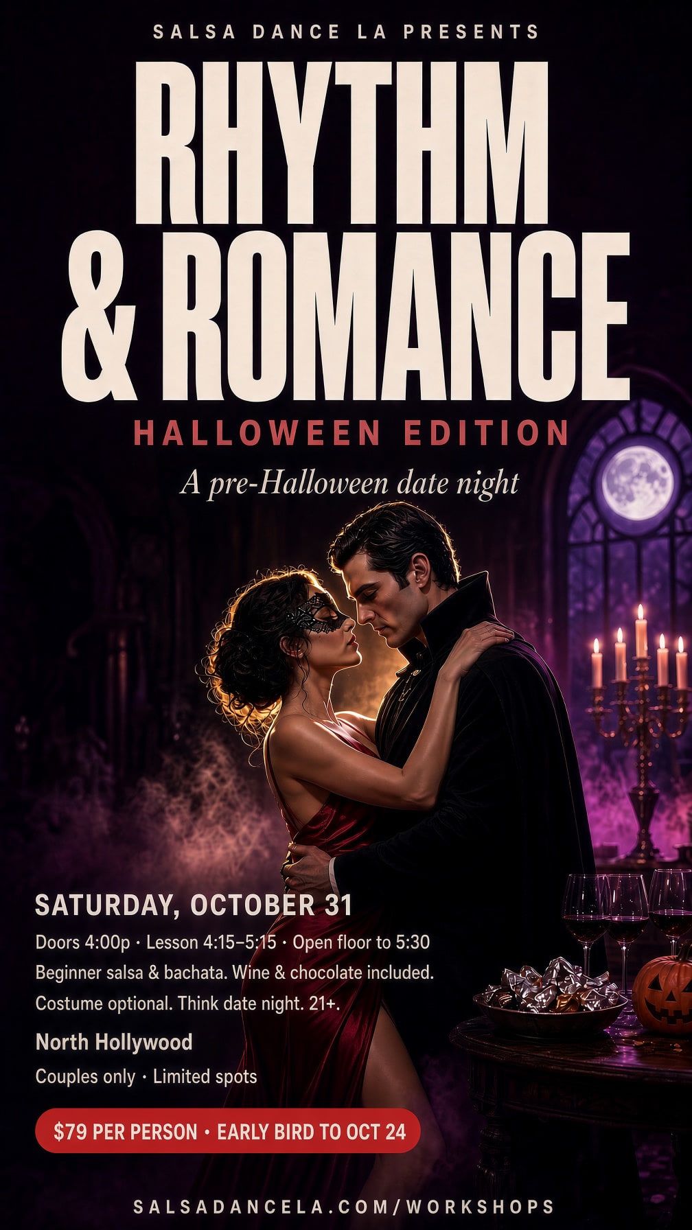 Rhythm & Romance Halloween Edition flyer: a pre-Halloween couples date night, Saturday, October 31 in North Hollywood