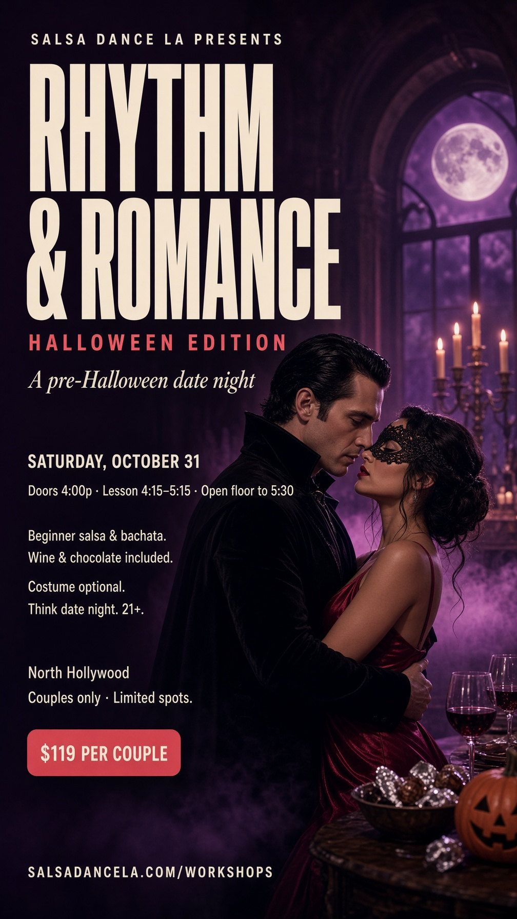 Rhythm & Romance Halloween Edition flyer: a pre-Halloween couples date night, Saturday, October 31 in North Hollywood