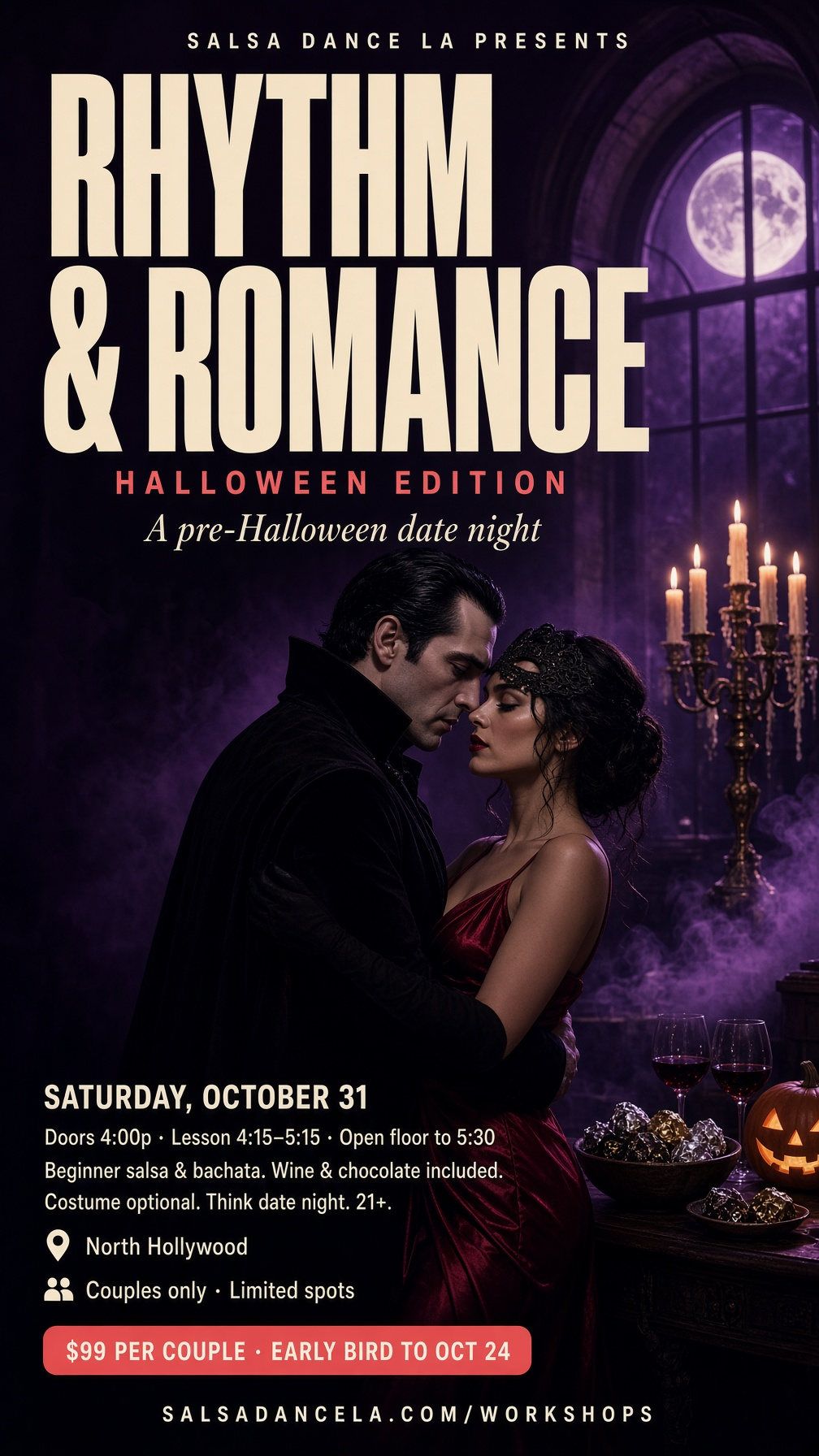 Rhythm & Romance Halloween Edition flyer: a pre-Halloween couples date night, Saturday, October 31 in North Hollywood
